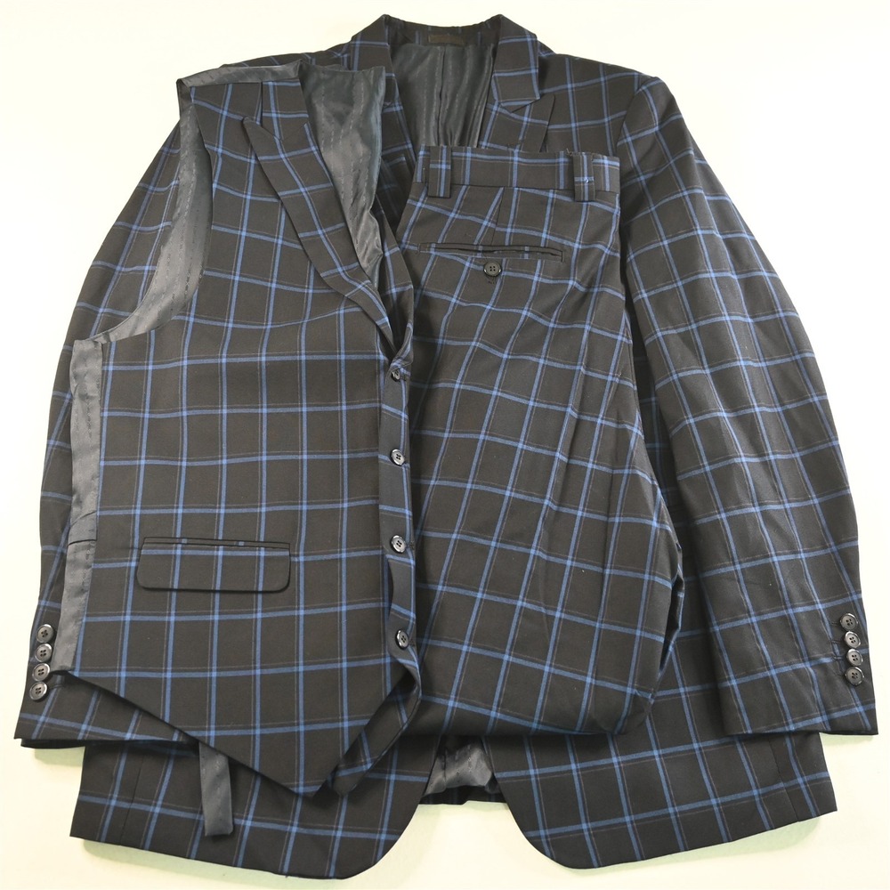 Stacy Adams 42L‎ 32x34 Navy Blue Windowpane 3 Piece Mens Vest Jacket Pants Suit